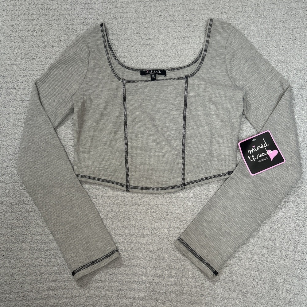 Mixed Threads LA Long Sleeve Square Neck Seamed Corset Inspired‎ Top Gray Sz M
